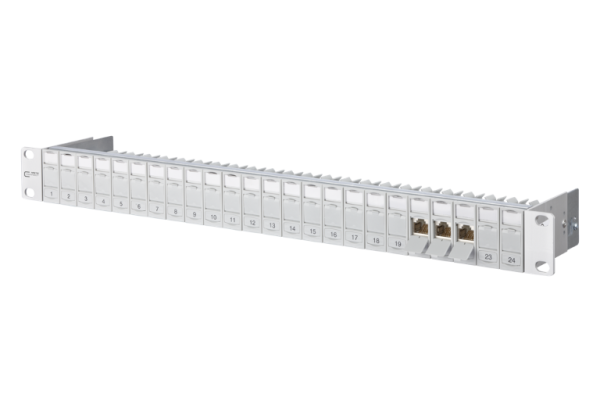 130920-E  E-DAT modul 24x8(8) 1HE Patchfeld Cat.6A, lichtgrau