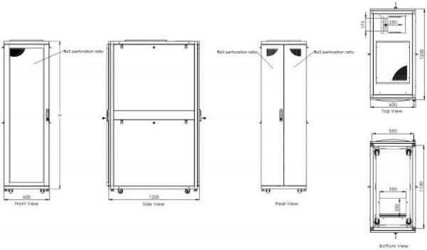 NRECS-6261B-GD  19'' Serverschrank 26 HE mit Glastür 1340x600x1000
